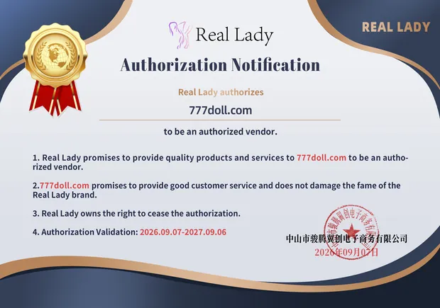 Giấy chứng nhận đại lý chính thức do REAL LADY cấp cho 777DOLL